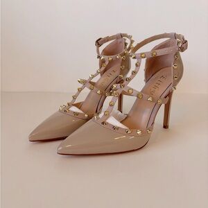 FINAL! NWOT! EITHY NUDE PATENT POINTED CLOSED TOE GOLD STUDDED SPIKED HEELS